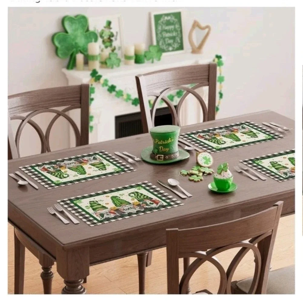 XCHI St Patrick's Day Placemats Set of 6 Plaid Gnome Shamrock Table Mats 12x18
